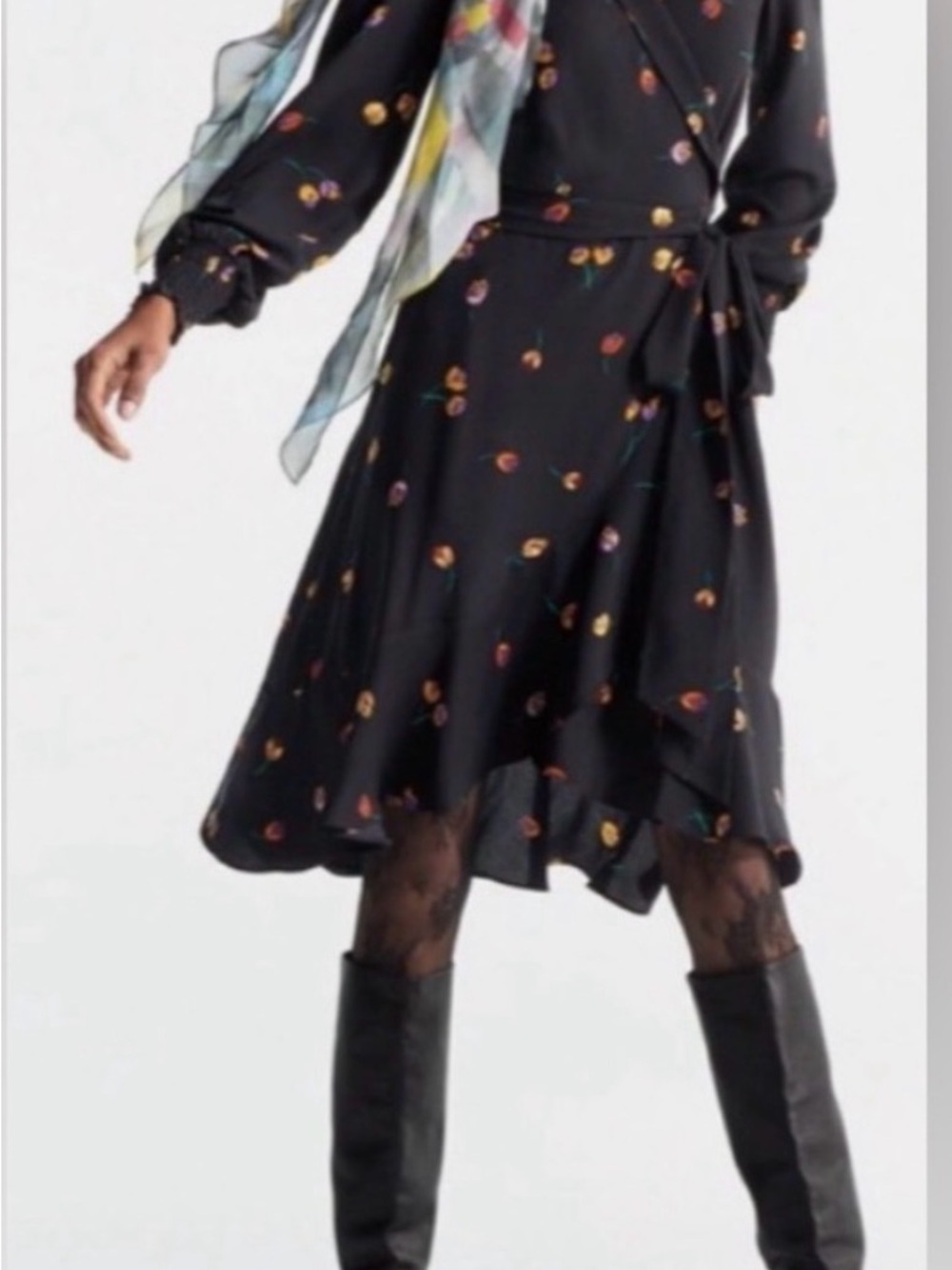 CAbi Black Floral Wrap-Style Dress